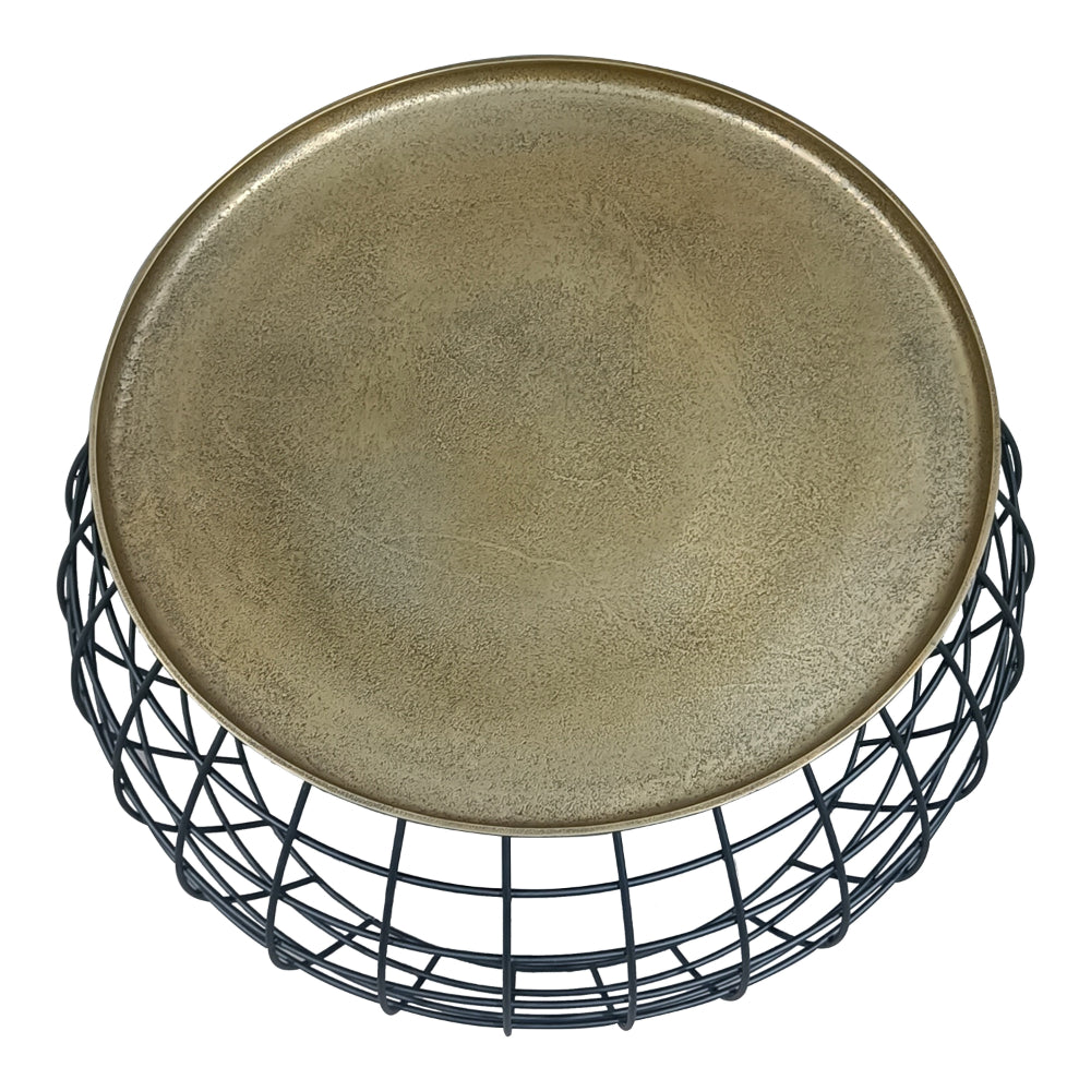 2 Piece Coffee Table and End table Set, Round Antique Brass Tray Top, Curved Cage Design Black Iron Base - UPT-310004