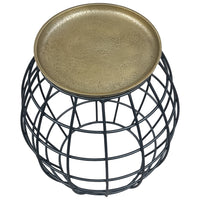 2 Piece Coffee Table and End table Set, Round Antique Brass Tray Top, Curved Cage Design Black Iron Base - UPT-310004