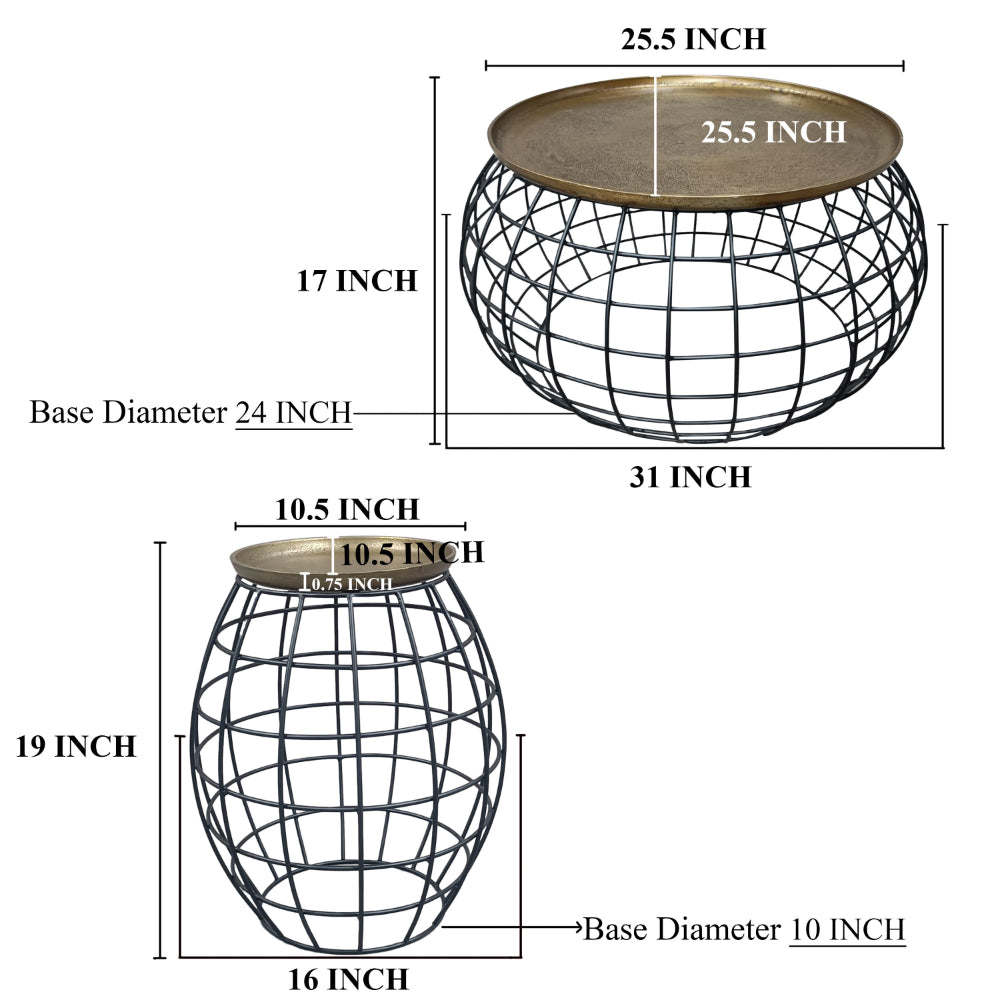 2 Piece Coffee Table and End table Set, Round Antique Brass Tray Top, Curved Cage Design Black Iron Base - UPT-310004