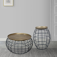 2 Piece Coffee Table and End table Set, Round Antique Brass Tray Top, Curved Cage Design Black Iron Base - UPT-310004