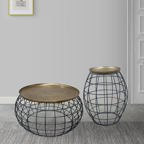 2 Piece Coffee Table and End table Set, Round Antique Brass Tray Top, Curved Cage Design Black Iron Base - UPT-310004