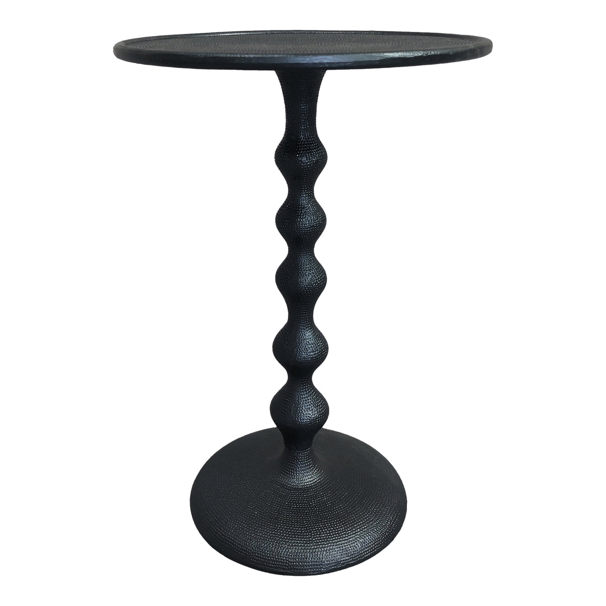 Shae 22 Inch Round Side End Table, Matte Black Aluminum Cast with Hammered Texture, Turned Padestal Post - UPT-310005