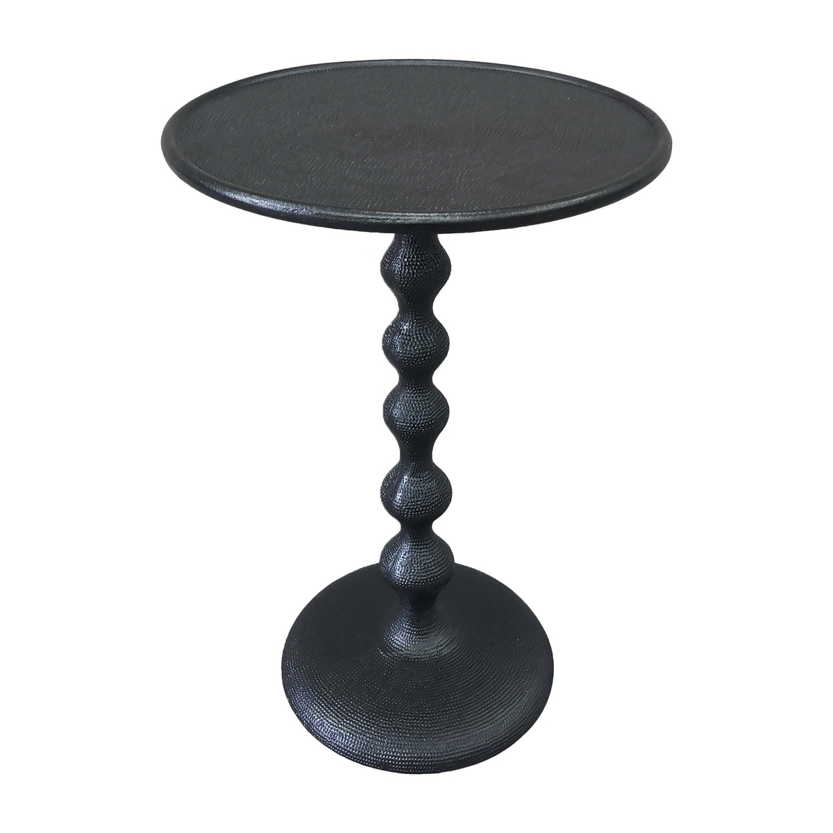 Shae 22 Inch Round Side End Table, Matte Black Aluminum Cast with Hammered Texture, Turned Padestal Post - UPT-310005