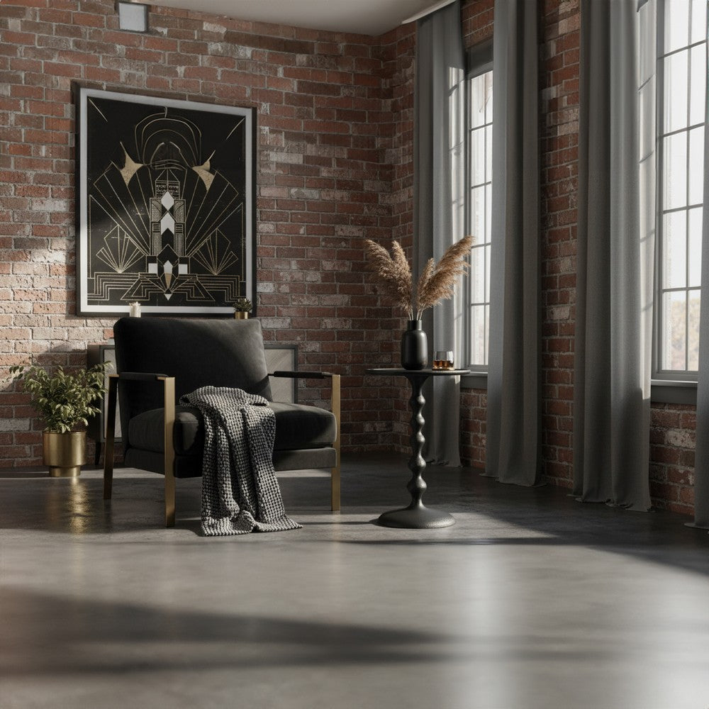 Shae 22 Inch Round Side End Table, Matte Black Aluminum Cast with Hammered Texture, Turned Padestal Post - UPT-310005