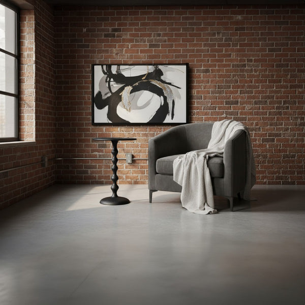 Shae 22 Inch Round Side End Table, Matte Black Aluminum Cast with Hammered Texture, Turned Padestal Post - UPT-310005