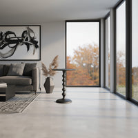 Shae 22 Inch Round Side End Table, Matte Black Aluminum Cast with Hammered Texture, Turned Padestal Post - UPT-310005