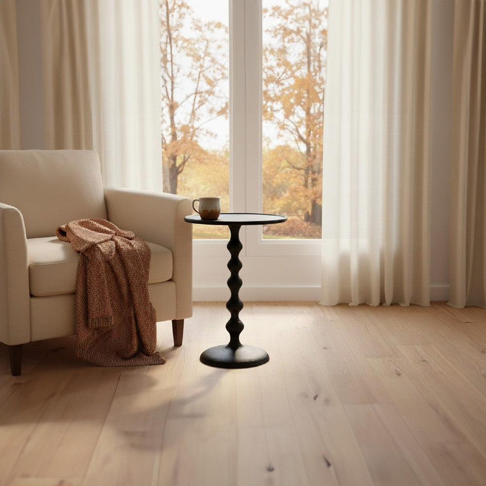 Shae 22 Inch Round Side End Table, Matte Black Aluminum Cast with Hammered Texture, Turned Padestal Post - UPT-310005