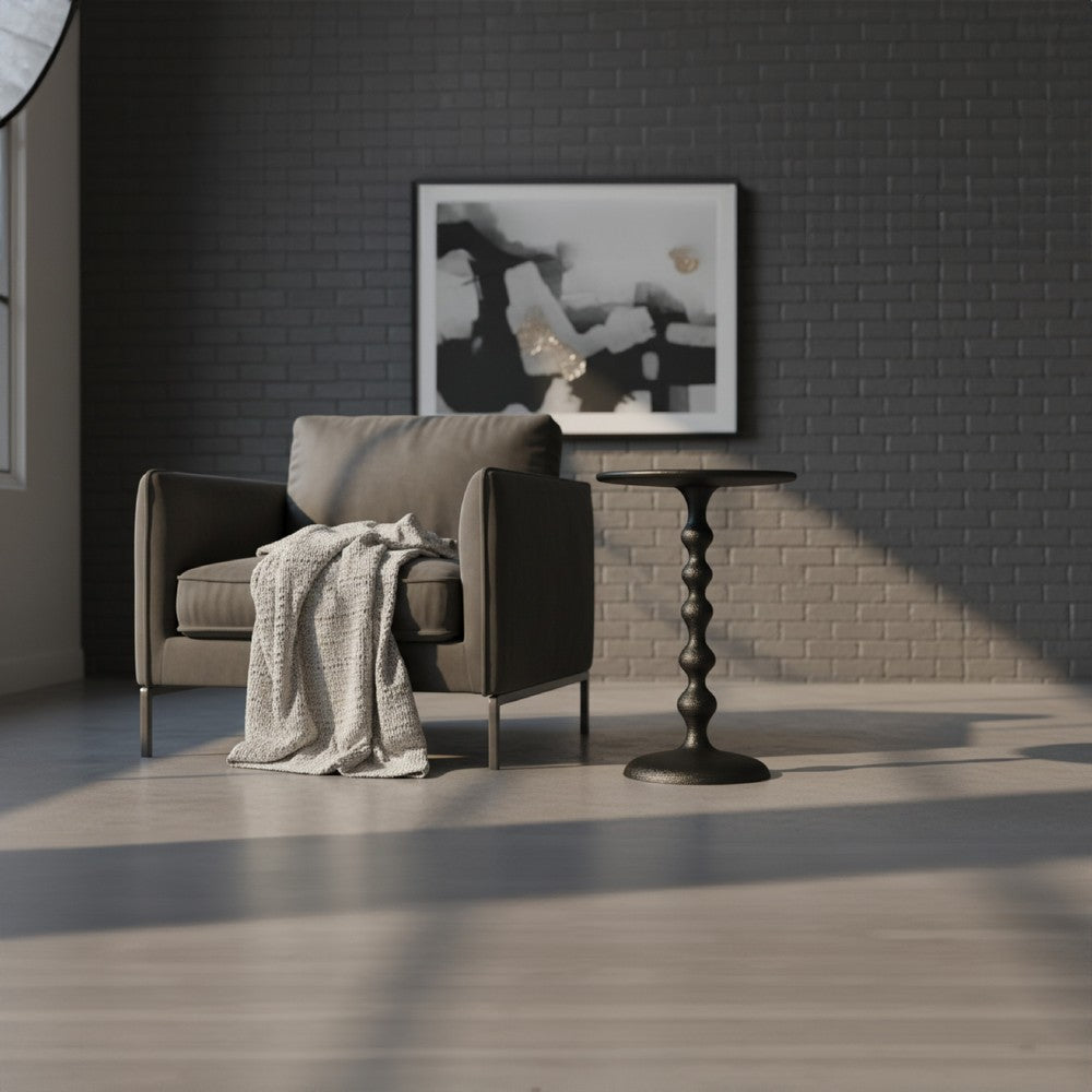 Shae 22 Inch Round Side End Table, Matte Black Aluminum Cast with Hammered Texture, Turned Padestal Post - UPT-310005