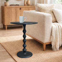 Shae 22 Inch Round Side End Table, Matte Black Aluminum Cast with Hammered Texture, Turned Padestal Post - UPT-310005