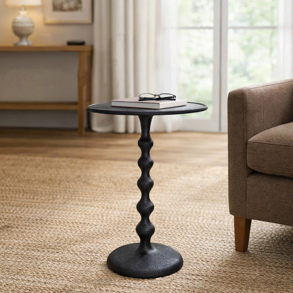 Shae 22 Inch Round Side End Table, Matte Black Aluminum Cast with Hammered Texture, Turned Padestal Post - UPT-310005