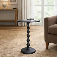 Shae 22 Inch Round Side End Table, Matte Black Aluminum Cast with Hammered Texture, Turned Padestal Post - UPT-310005
