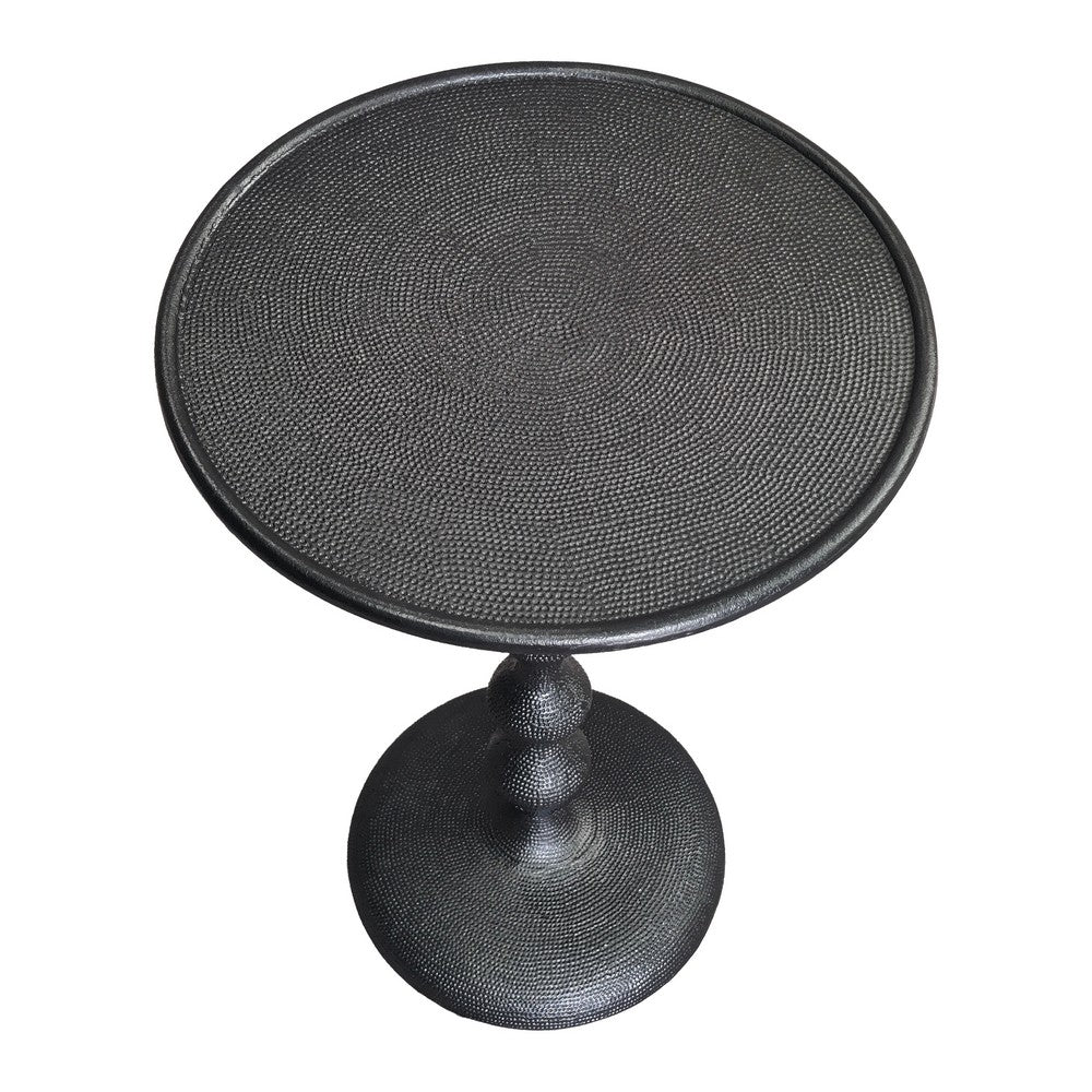 Shae 22 Inch Round Side End Table, Matte Black Aluminum Cast with Hammered Texture, Turned Padestal Post - UPT-310005