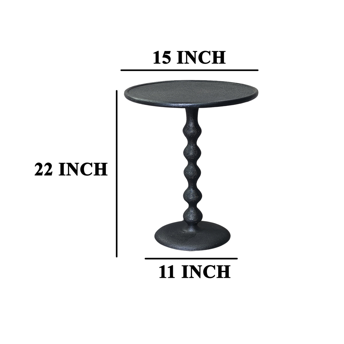 Shae 22 Inch Round Side End Table, Matte Black Aluminum Cast with Hammered Texture, Turned Padestal Post - UPT-310005