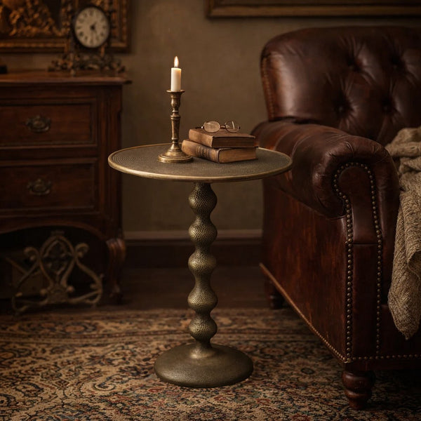 Shae 22 Inch Round Side End Table - Antique Brass Cast Aluminum with Hammered Texture For Small Places - UPT-310006