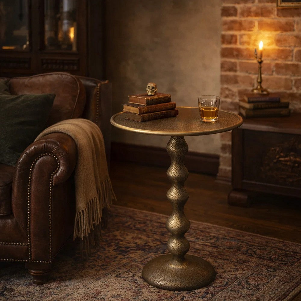 Shae 22 Inch Round Side End Table - Antique Brass Cast Aluminum with Hammered Texture For Small Places - UPT-310006