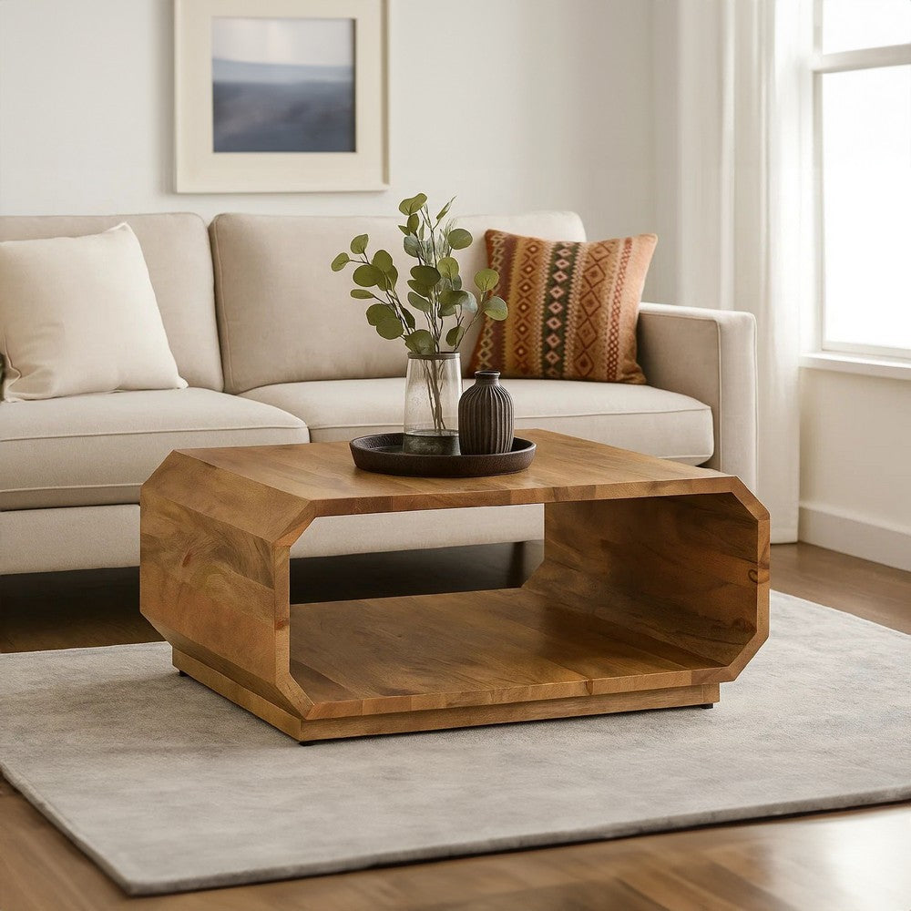 30 Inch Coffee Table, Handcrafted Hollow Cube Shape, Natural Brown Mango Wood - UPT-310271