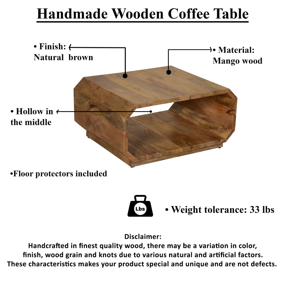 30 Inch Coffee Table, Handcrafted Hollow Cube Shape, Natural Brown Mango Wood - UPT-310271