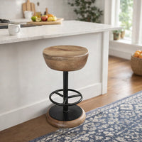 Rustic Charm Swivel Counter Bar Stool 24 Inch Handcrafted, Brown Mango Wood Round Seat, Black Iron Base with Footrest - UPT-310272