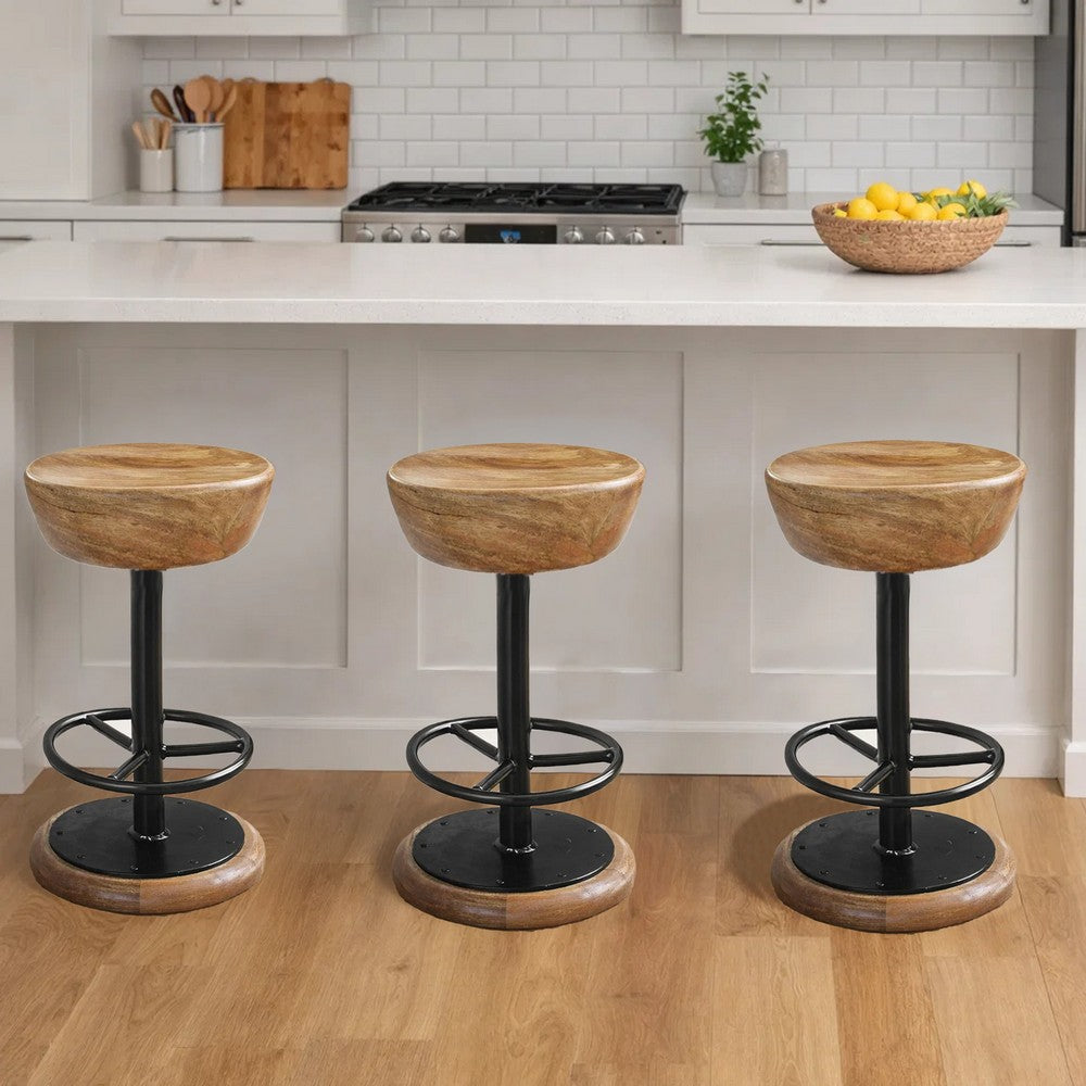 Rustic Charm Swivel Counter Bar Stool 24 Inch Handcrafted, Brown Mango Wood Round Seat, Black Iron Base with Footrest - UPT-310272
