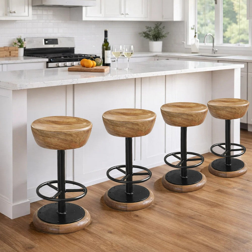 Rustic Charm Swivel Counter Bar Stool 24 Inch Handcrafted, Brown Mango Wood Round Seat, Black Iron Base with Footrest - UPT-310272