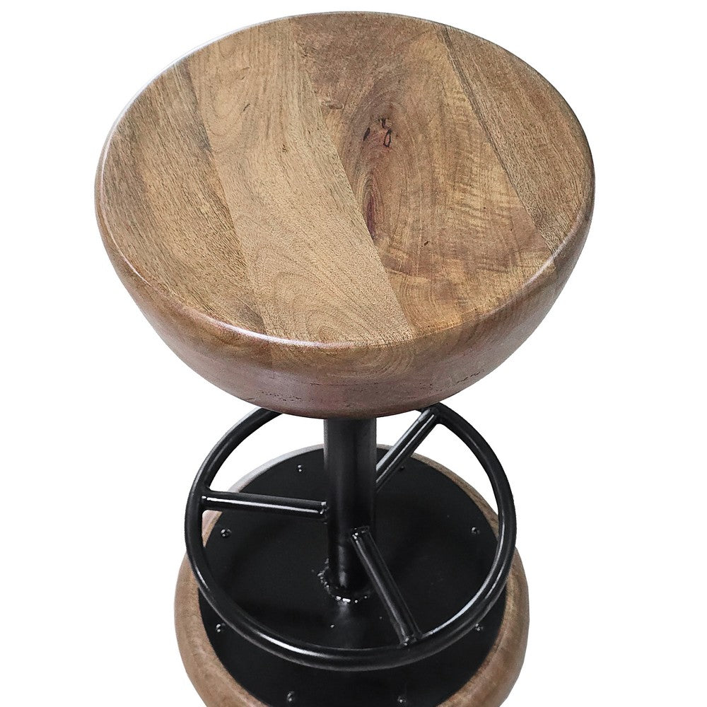 Rustic Charm Swivel Counter Bar Stool 24 Inch Handcrafted, Brown Mango Wood Round Seat, Black Iron Base with Footrest - UPT-310272