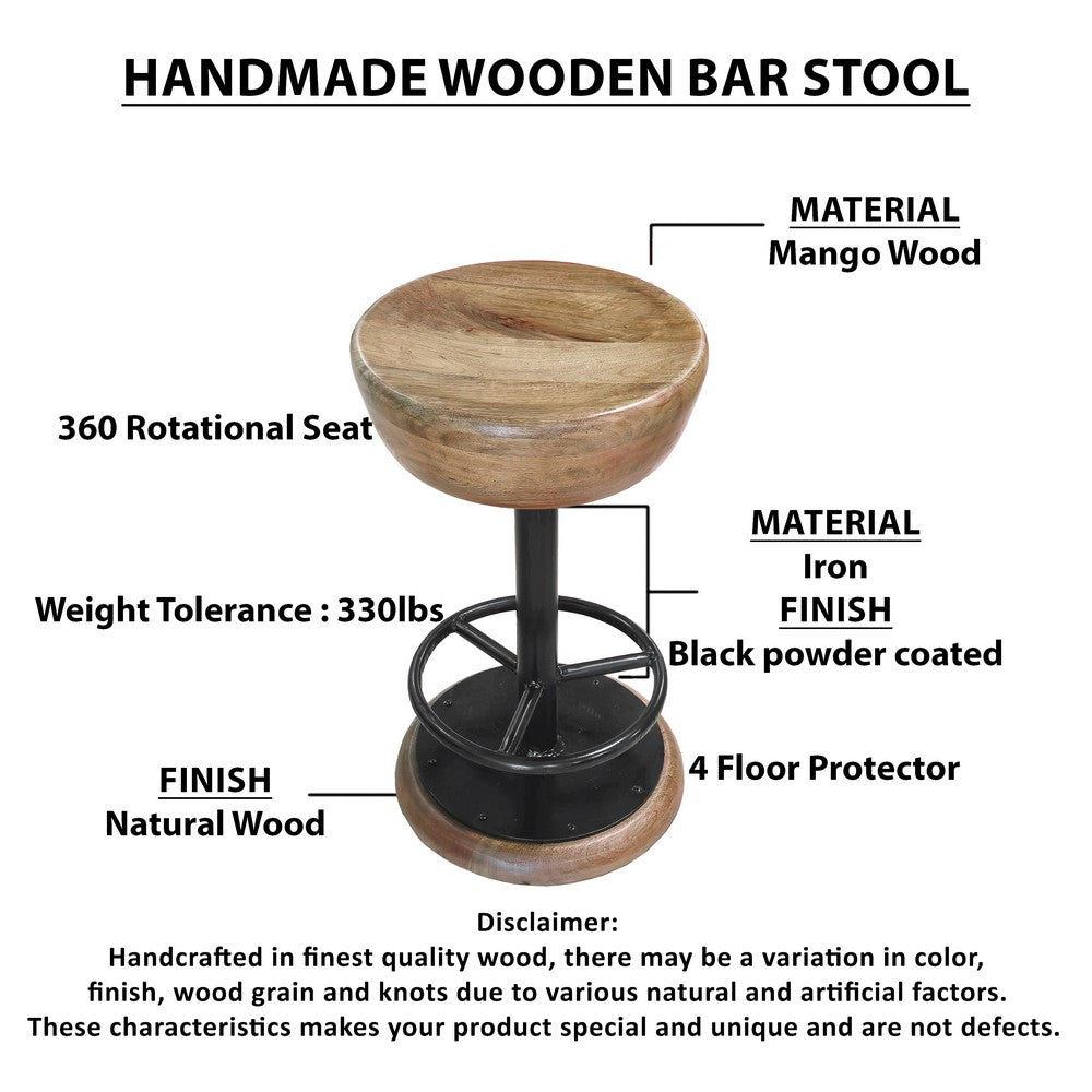 Rustic Charm Swivel Counter Bar Stool 24 Inch Handcrafted, Brown Mango Wood Round Seat, Black Iron Base with Footrest - UPT-310272