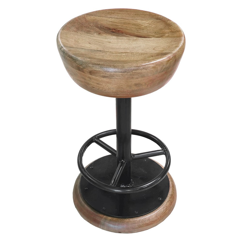 Rustic Charm Swivel Counter Bar Stool 24 Inch Handcrafted, Brown Mango Wood Round Seat, Black Iron Base with Footrest - UPT-310272