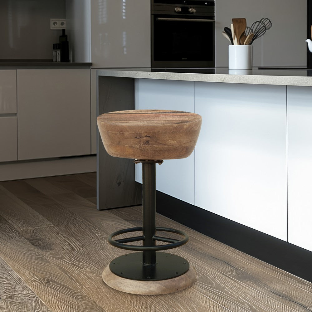 Rustic Charm Swivel Counter Bar Stool 24 Inch Handcrafted, Brown Mango Wood Round Seat, Black Iron Base with Footrest - UPT-310272