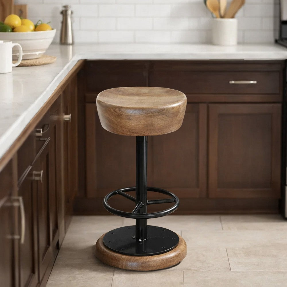 Rustic Charm Swivel Counter Bar Stool 24 Inch Handcrafted, Brown Mango Wood Round Seat, Black Iron Base with Footrest - UPT-310272