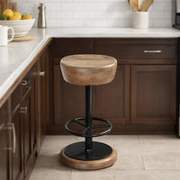 Rustic Charm Swivel Counter Bar Stool 24 Inch Handcrafted, Brown Mango Wood Round Seat, Black Iron Base with Footrest - UPT-310272
