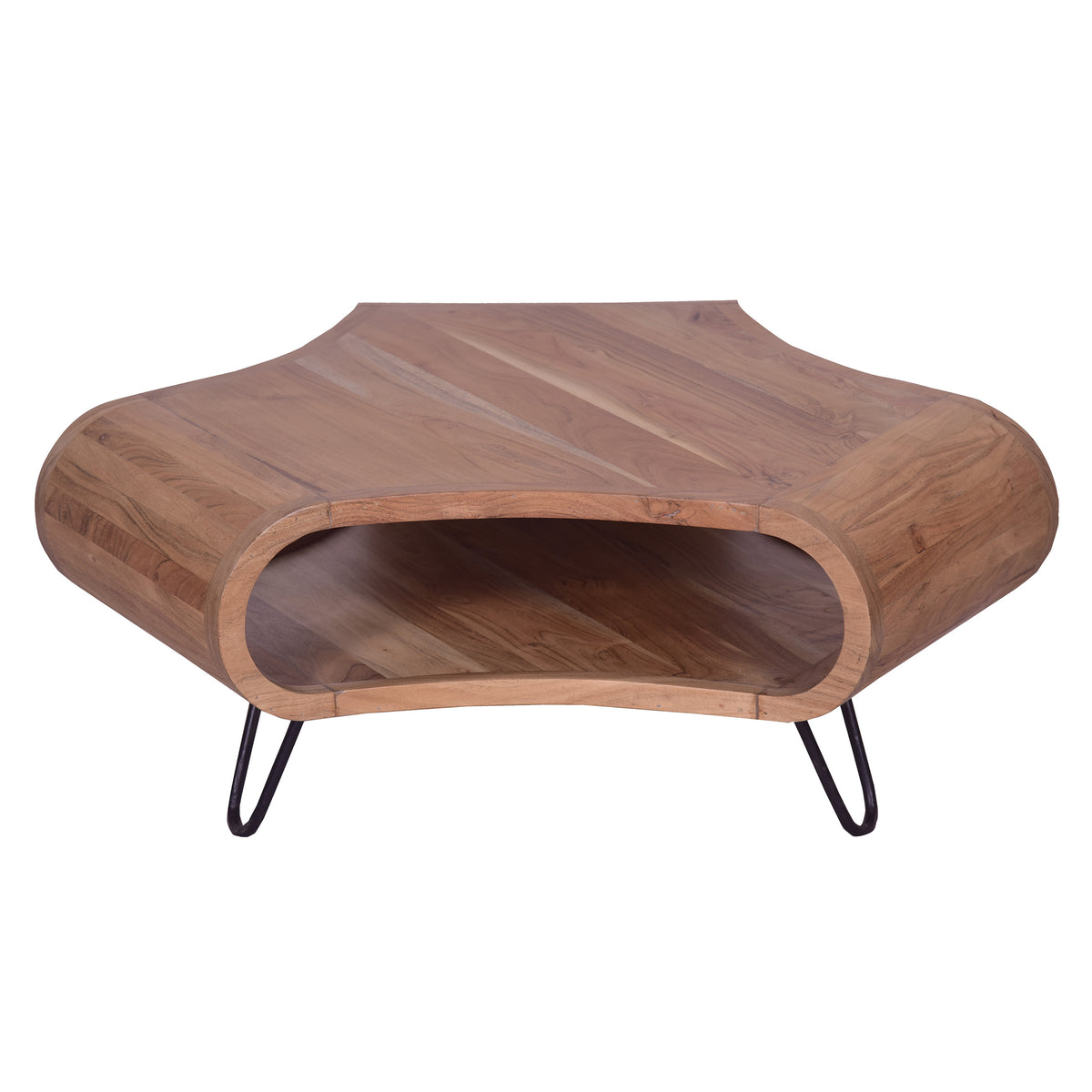 37 Inch Coffee Table, Handcrafted Curved Hexagon Shape with Open Shelf, Natural Brown Acacia Wood, Iron Legs - UPT-310273