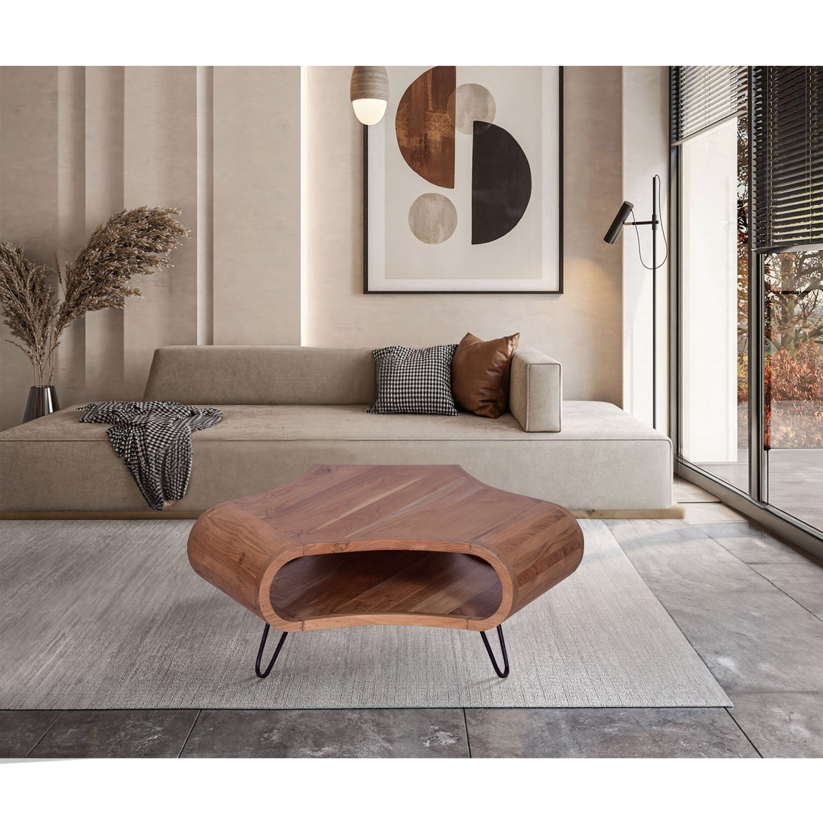 37 Inch Coffee Table, Handcrafted Curved Hexagon Shape with Open Shelf, Natural Brown Acacia Wood, Iron Legs - UPT-310273