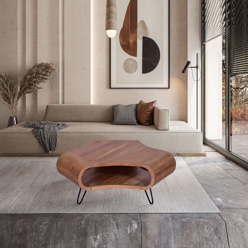 37 Inch Coffee Table, Handcrafted Curved Hexagon Shape with Open Shelf, Natural Brown Acacia Wood, Iron Legs - UPT-310273
