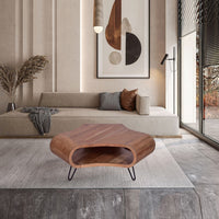 37 Inch Coffee Table, Handcrafted Curved Hexagon Shape with Open Shelf, Natural Brown Acacia Wood, Iron Legs - UPT-310273