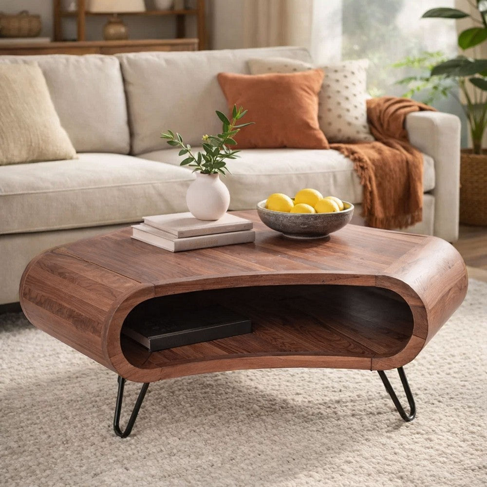 37 Inch Coffee Table, Handcrafted Curved Hexagon Shape with Open Shelf, Natural Brown Acacia Wood, Iron Legs - UPT-310273