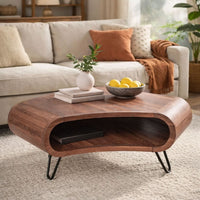 37 Inch Coffee Table, Handcrafted Curved Hexagon Shape with Open Shelf, Natural Brown Acacia Wood, Iron Legs - UPT-310273