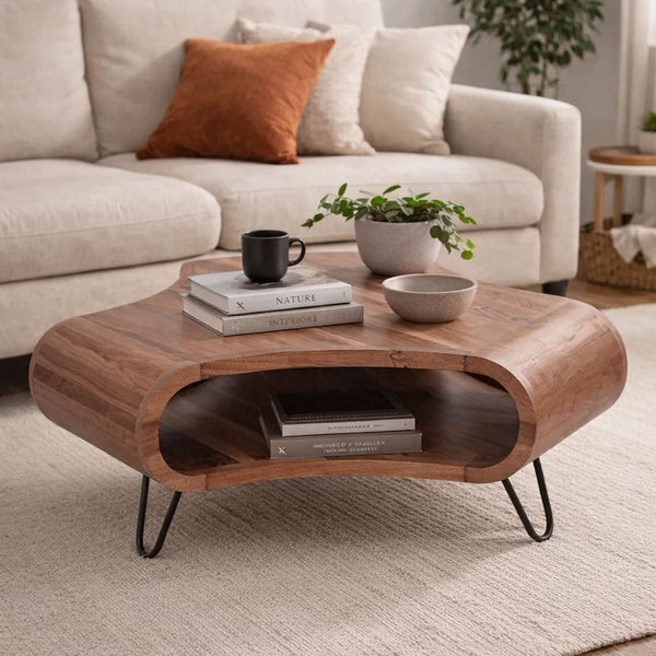 37 Inch Coffee Table, Handcrafted Curved Hexagon Shape with Open Shelf, Natural Brown Acacia Wood, Iron Legs - UPT-310273