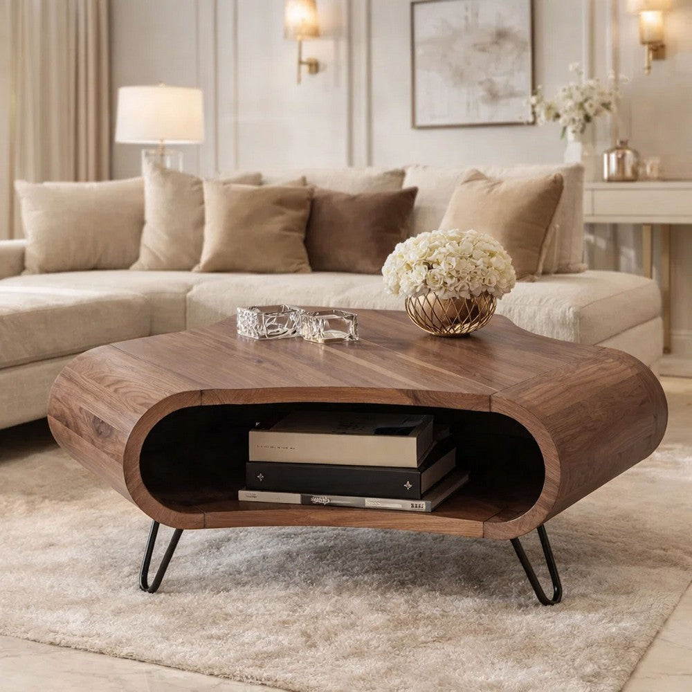 37 Inch Coffee Table, Handcrafted Curved Hexagon Shape with Open Shelf, Natural Brown Acacia Wood, Iron Legs - UPT-310273