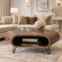 37 Inch Coffee Table, Handcrafted Curved Hexagon Shape with Open Shelf, Natural Brown Acacia Wood, Iron Legs - UPT-310273