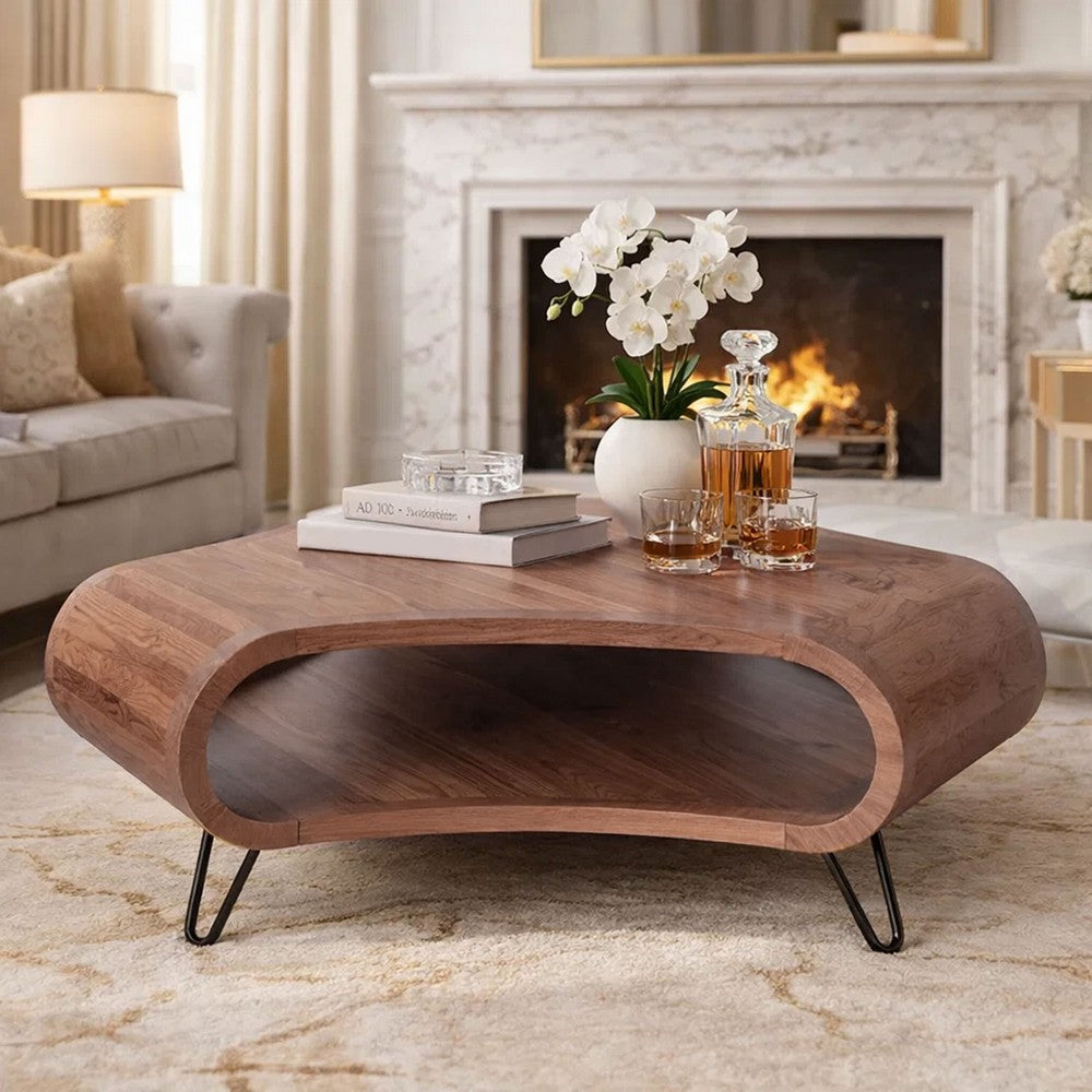 37 Inch Coffee Table, Handcrafted Curved Hexagon Shape with Open Shelf, Natural Brown Acacia Wood, Iron Legs - UPT-310273