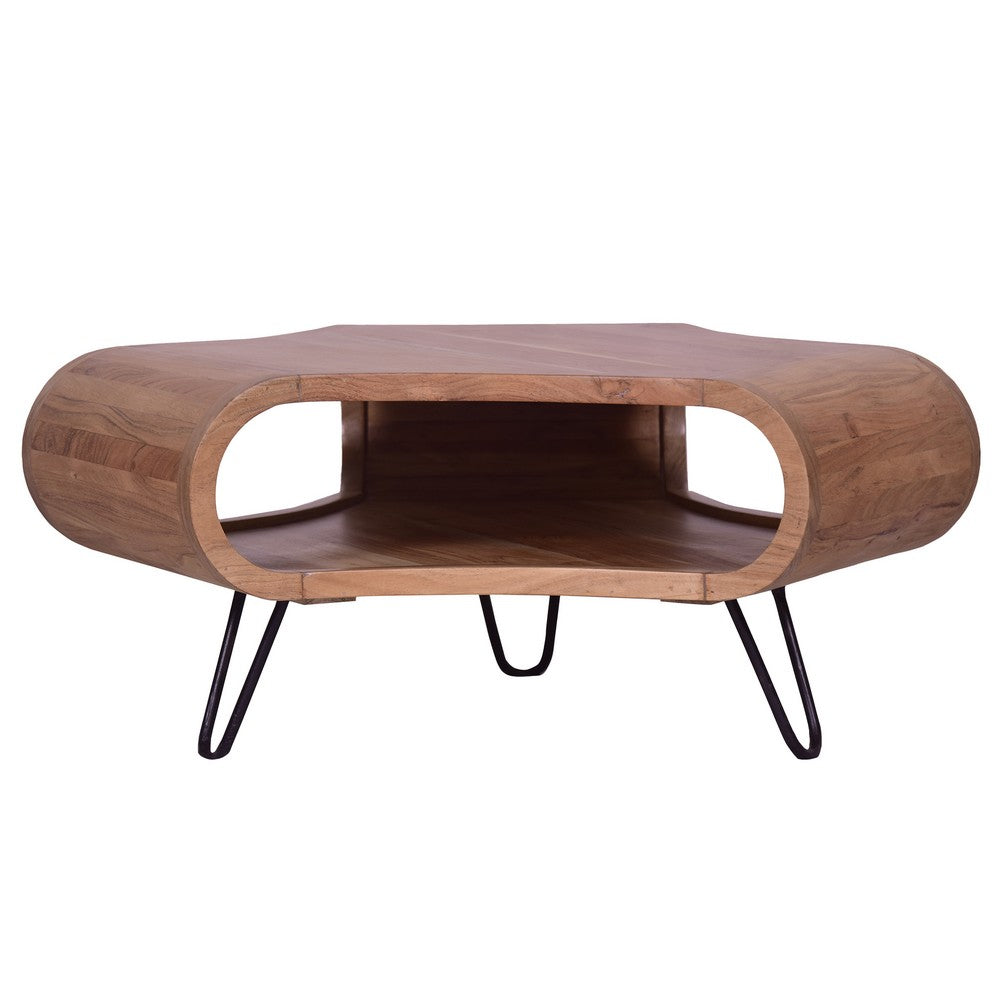 37 Inch Coffee Table, Handcrafted Curved Hexagon Shape with Open Shelf, Natural Brown Acacia Wood, Iron Legs - UPT-310273