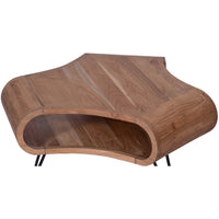 37 Inch Coffee Table, Handcrafted Curved Hexagon Shape with Open Shelf, Natural Brown Acacia Wood, Iron Legs - UPT-310273