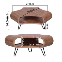 37 Inch Coffee Table, Handcrafted Curved Hexagon Shape with Open Shelf, Natural Brown Acacia Wood, Iron Legs - UPT-310273