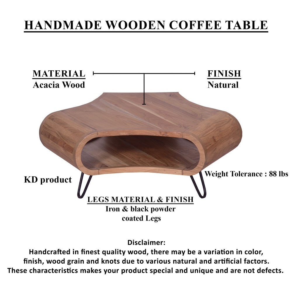 37 Inch Coffee Table, Handcrafted Curved Hexagon Shape with Open Shelf, Natural Brown Acacia Wood, Iron Legs - UPT-310273
