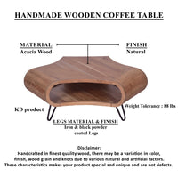 37 Inch Coffee Table, Handcrafted Curved Hexagon Shape with Open Shelf, Natural Brown Acacia Wood, Iron Legs - UPT-310273