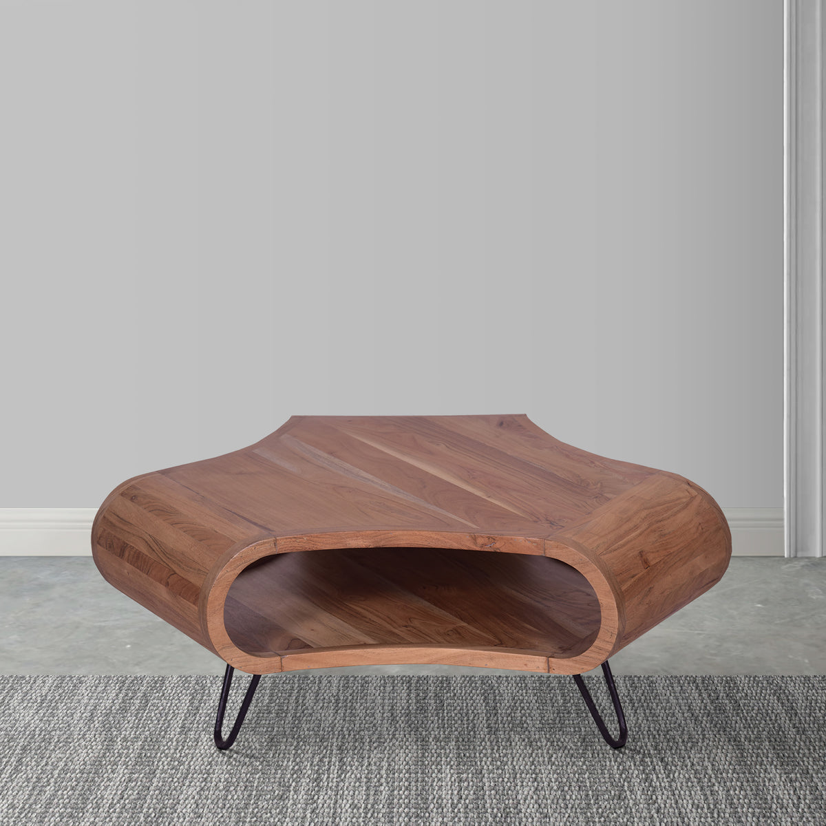 37 Inch Coffee Table, Handcrafted Curved Hexagon Shape with Open Shelf, Natural Brown Acacia Wood, Iron Legs - UPT-310273