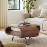 37 Inch Coffee Table, Handcrafted Curved Hexagon Shape with Open Shelf, Natural Brown Acacia Wood, Iron Legs - UPT-310273