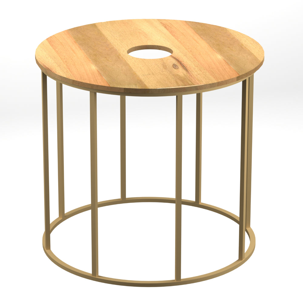 19 Inch Side End Table, O Round Shape Natural Mango Wood Top, Brass Powder Coated Open Frame - UPT-310986