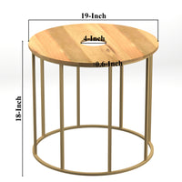 19 Inch Side End Table, O Round Shape Natural Mango Wood Top, Brass Powder Coated Open Frame - UPT-310986