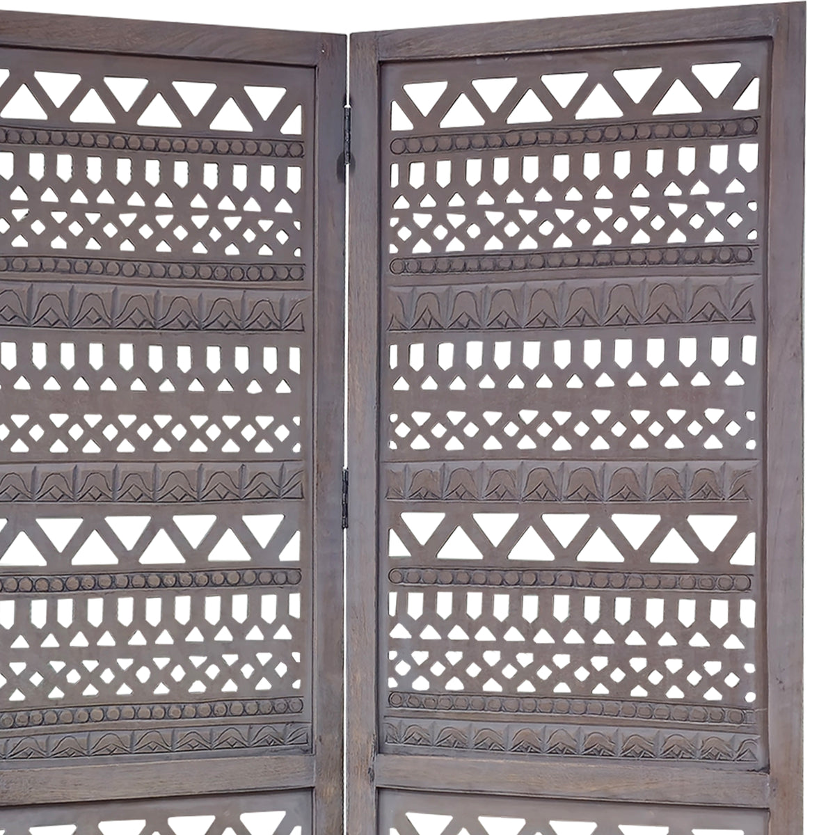 Karma 3 Panel Folding Room Divider Screen, Antique Gray Mango Wood, Inticate Cut out Geometric Design - UPT 310988